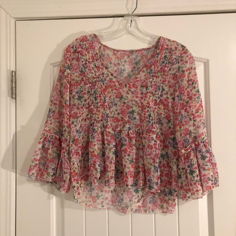 FLORAL SHEER V NECK BLOUSE